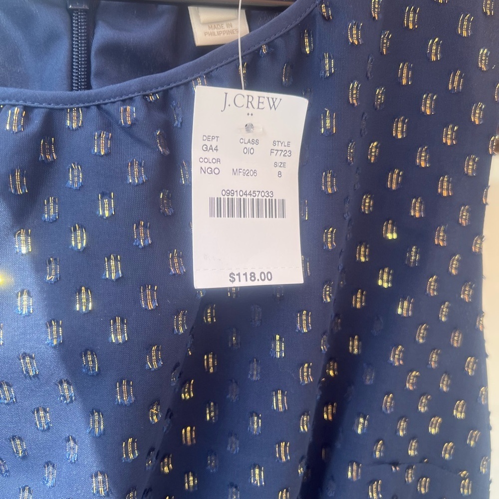 J.CREW Women Navy Metallic Gold Dot Dress Sleeveless Navy Size 8 Zipper Flare - Picture 5 of 8